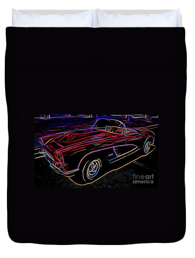 Corvette Duvet Cover featuring the photograph Vintage Corvette - Classic Car - Neon by Gary Whitton