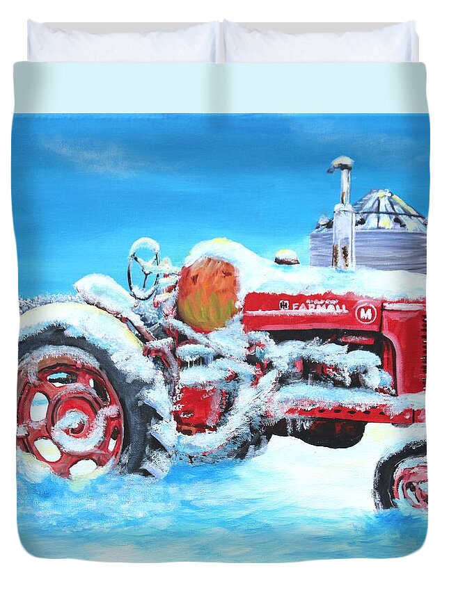 Tractor Duvet Cover featuring the painting Vintage Farmall Tractor in the Snow by Karl Wagner