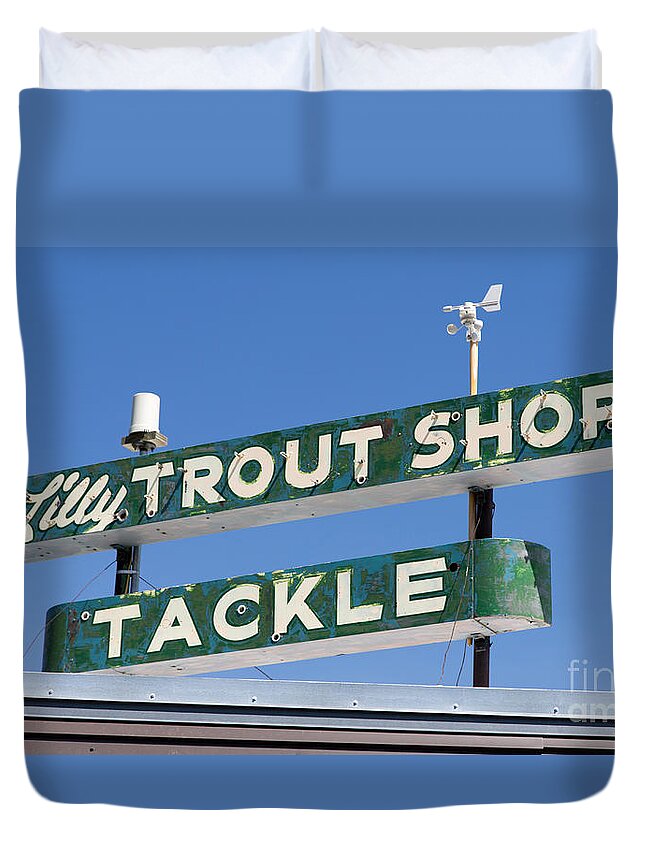 Sign Duvet Cover featuring the photograph Vintage Trout Shop Sign West Yellowstone by Edward Fielding