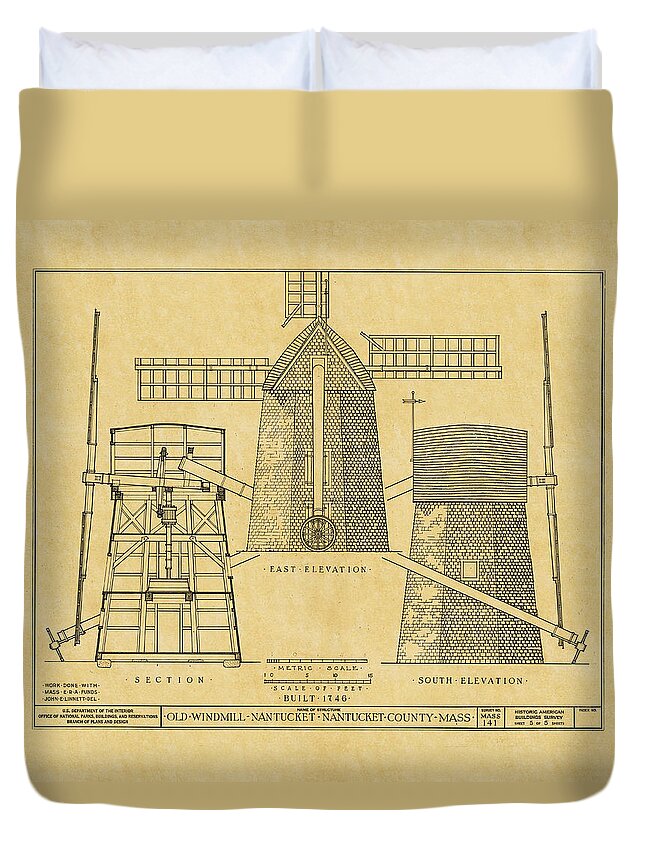 Windmill Duvet Cover featuring the photograph Vintage Windmill Blueprint by Andrew Fare