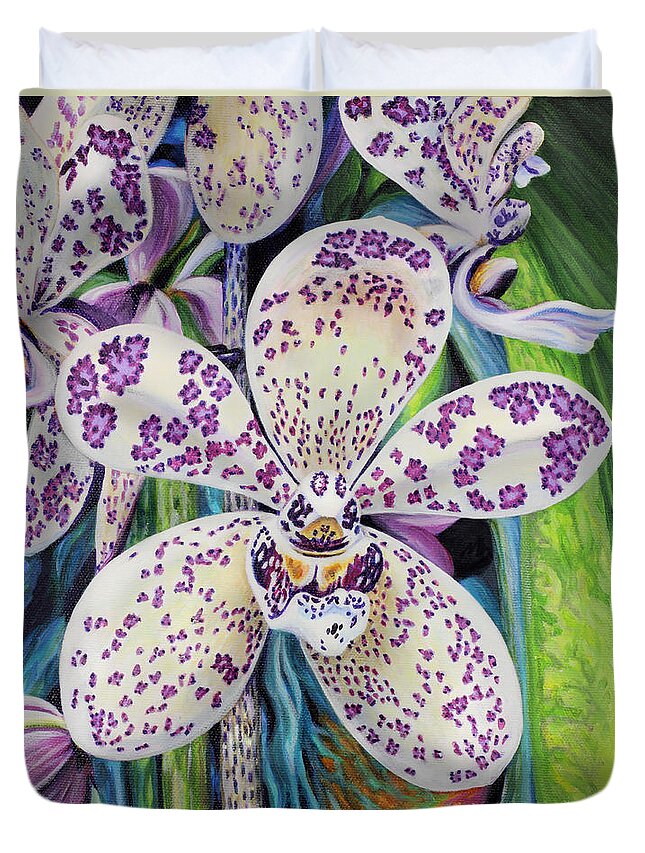 Flower Duvet Cover featuring the painting Violet Dotted Orchid by Jane Girardot