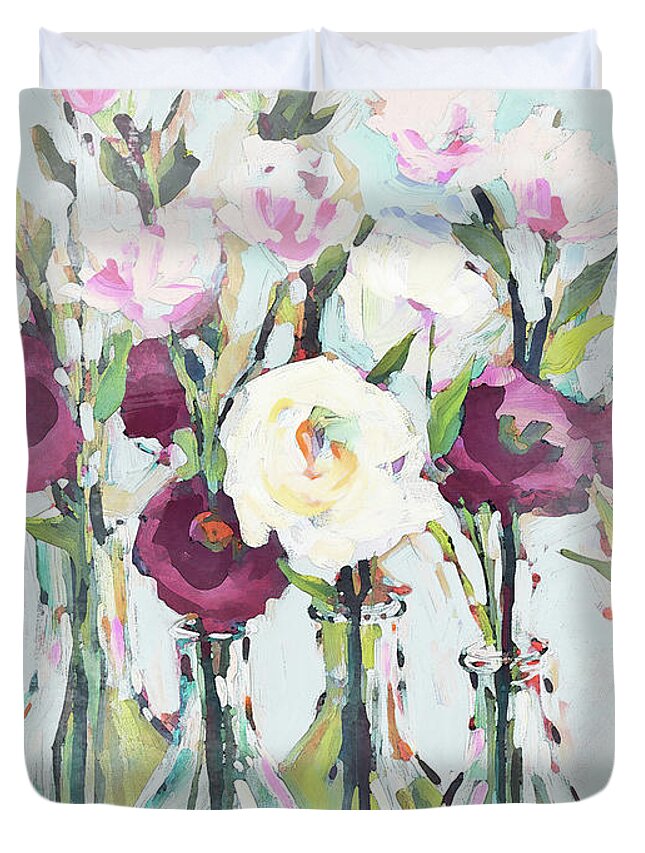 Romantic Duvet Cover featuring the painting Violet Romantic Blossoms by Jane Slivka