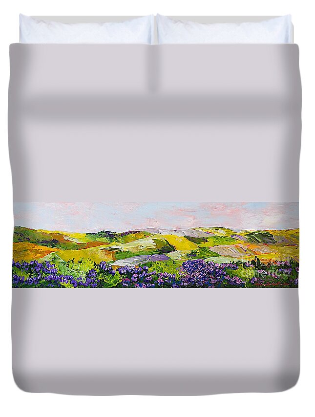 Landscape Duvet Cover featuring the painting Violet Sunrise by Allan P Friedlander