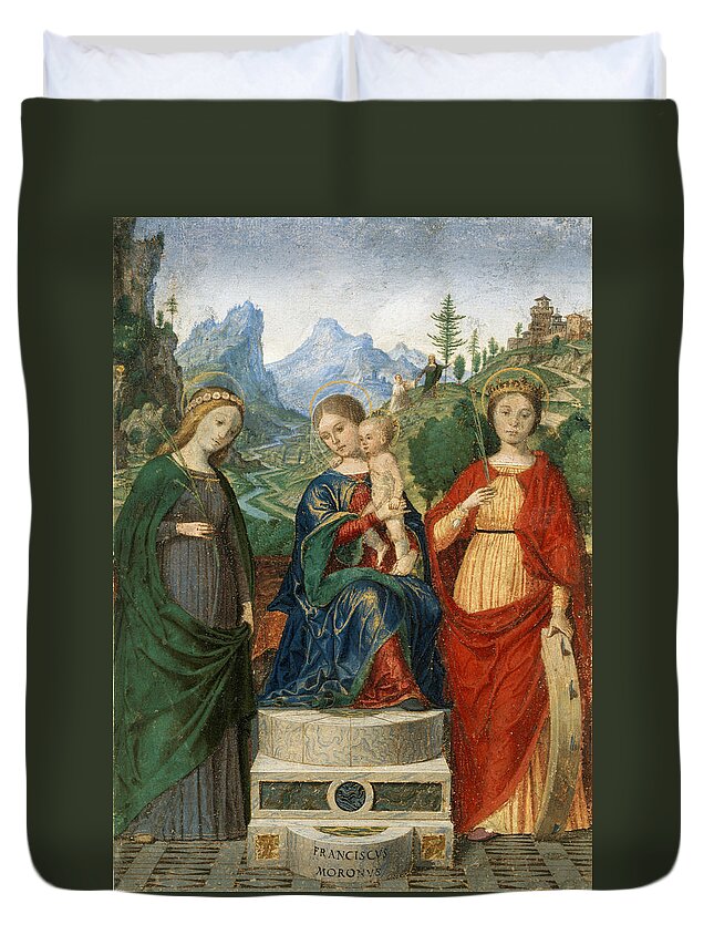 Francesco Morone Duvet Cover featuring the painting Virgin and Child Enthroned between Saints Cecilia and Catherine of Alexandria by Francesco Morone