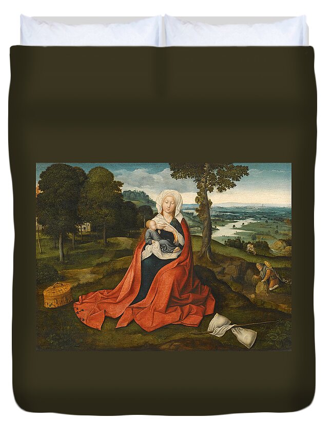 Workshop Of Joachim Patinir Duvet Cover featuring the painting Virgin and Child seated before an extensive Landscape by Workshop of Joachim Patinir