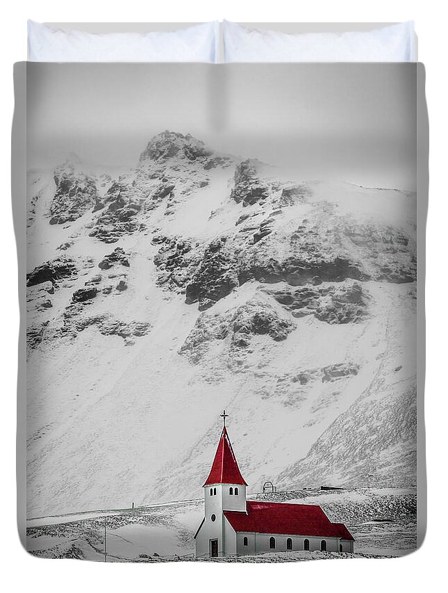 Tranquility Duvet Cover featuring the photograph Vík í Mýrdal Church I by Mabry Campbell