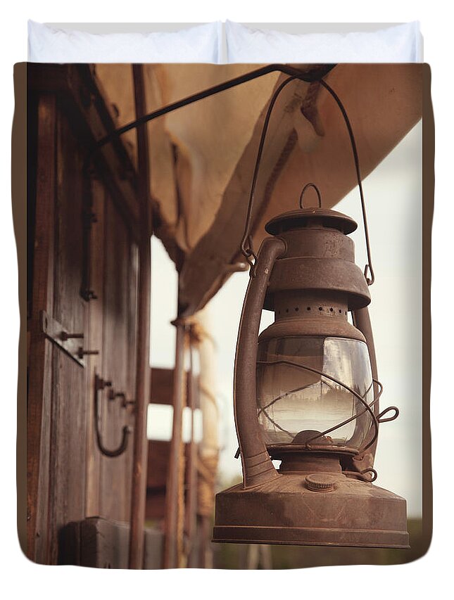 Lantern Duvet Cover featuring the photograph Wagon Lantern by Toni Hopper