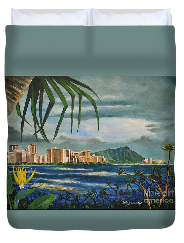 Diamond Head Duvet Cover featuring the painting Waikiki View by Larry Geyrozaga