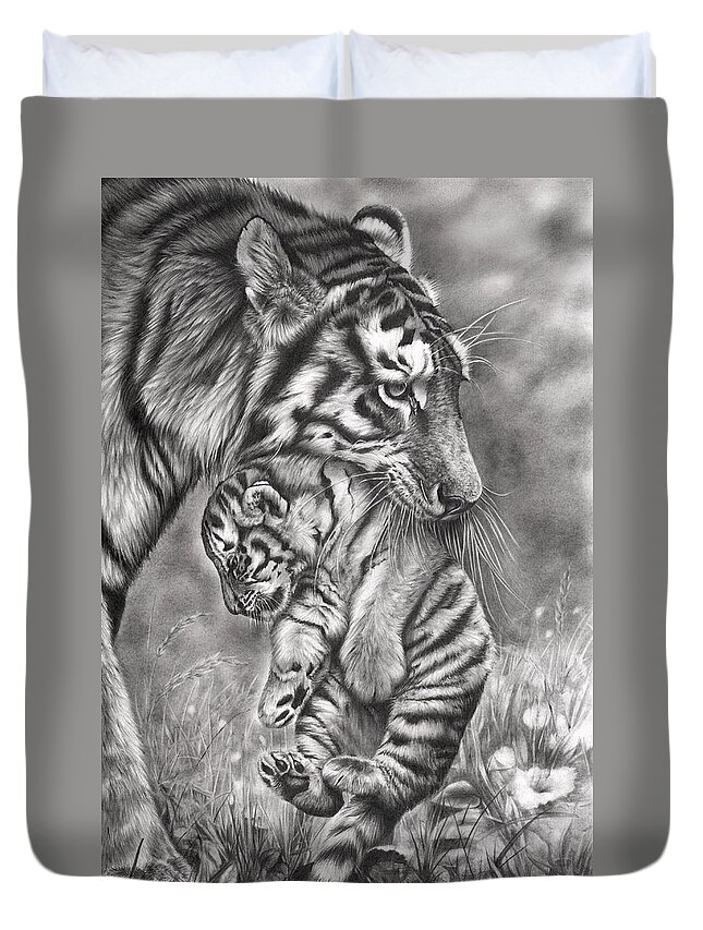 Tiger Duvet Cover featuring the drawing Wait 'Til Your Father Gets Home by Peter Williams
