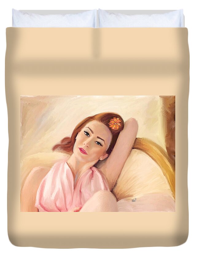 Glamour Duvet Cover featuring the painting Waiting Glamour by Angela Stanton