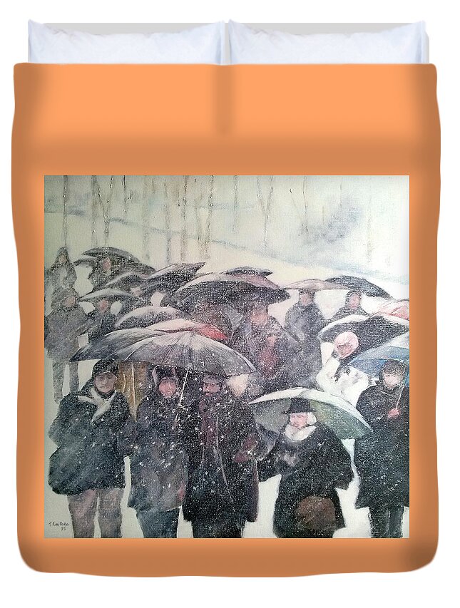 Snow Duvet Cover featuring the painting Walking In The Snow by Tomas Castano