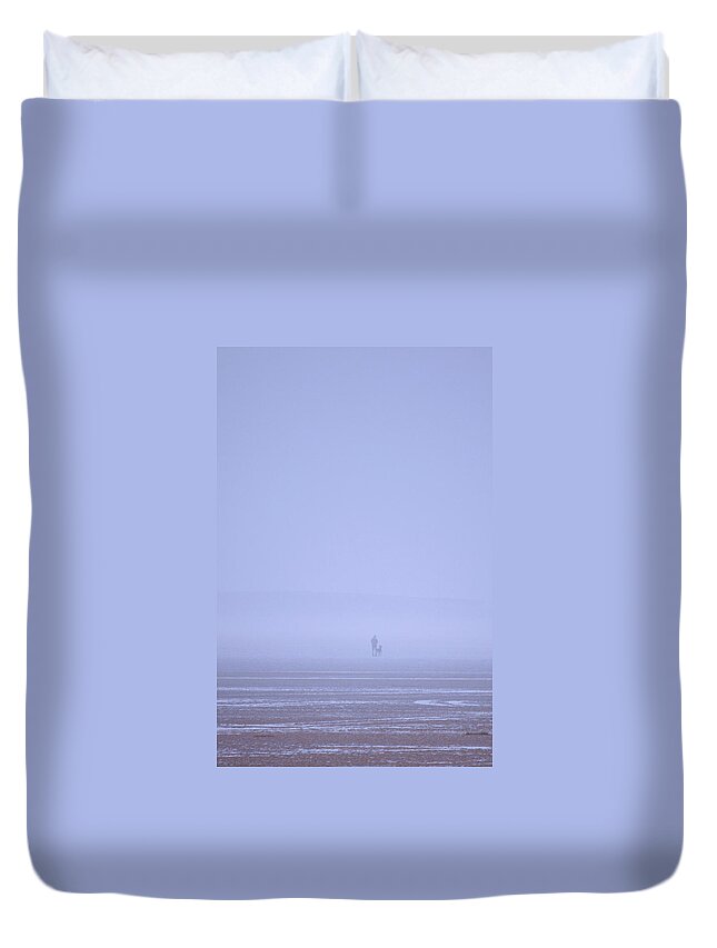 Walking Duvet Cover featuring the photograph Walking the dog in the mist by Spikey Mouse Photography
