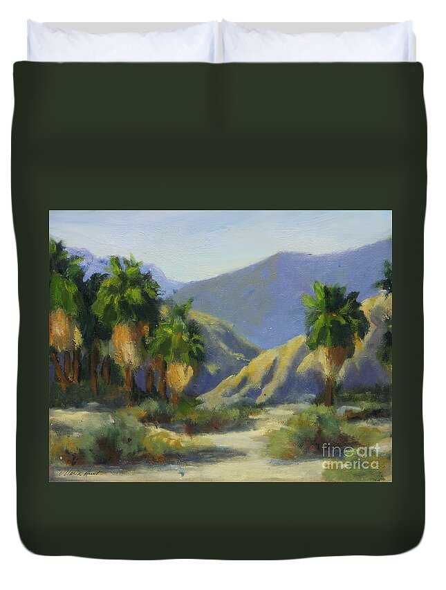 Desert Scene Duvet Cover featuring the painting California Palms in the Preserve by Maria Hunt