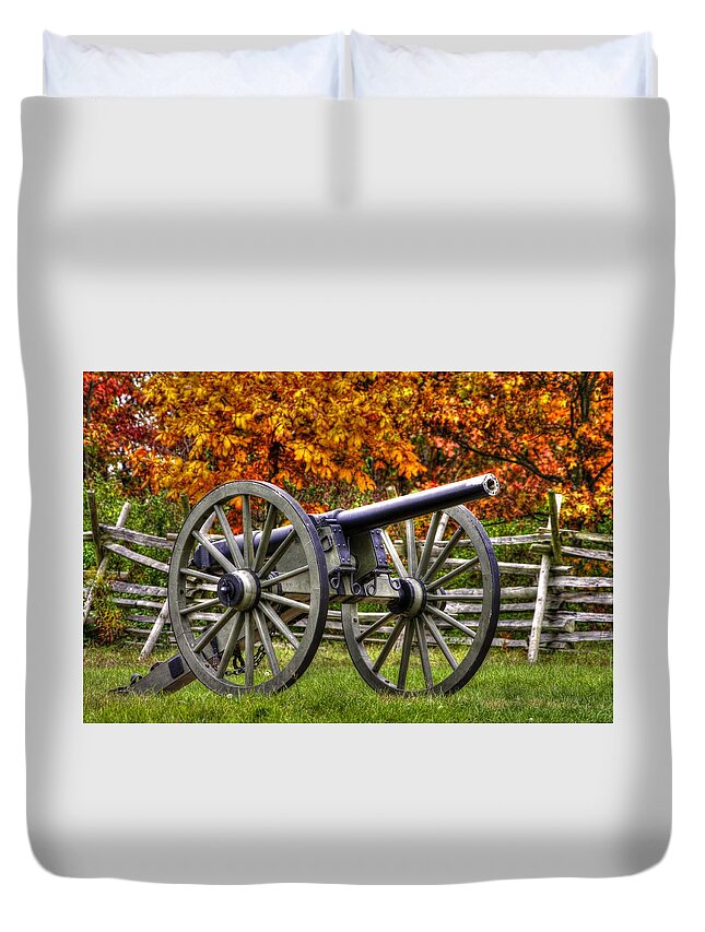 Civil War Duvet Cover featuring the photograph War Thunder - Hardaway Alabama Artillery - 3-Inch Whitworth Gun 1A Oak Hill Autumn Gettysburg by Michael Mazaika
