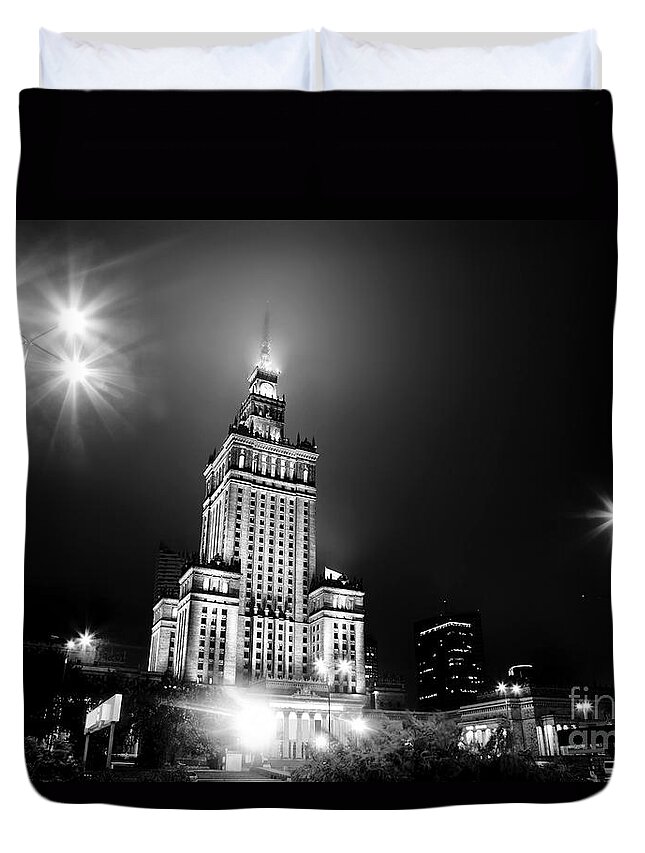 Warsaw Duvet Cover featuring the photograph Warsaw Poland downtown skyline at night by Michal Bednarek