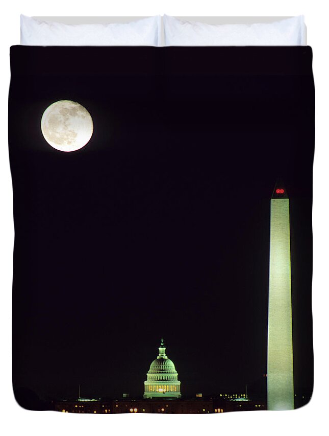 Washington Monument Duvet Cover featuring the photograph Washington Dc Skyline And Monuments At by Hisham Ibrahim