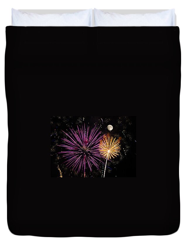 Fireworks Duvet Cover featuring the photograph Watching Pink and Gold Explosion - Fireworks and Moon II by Penny Lisowski