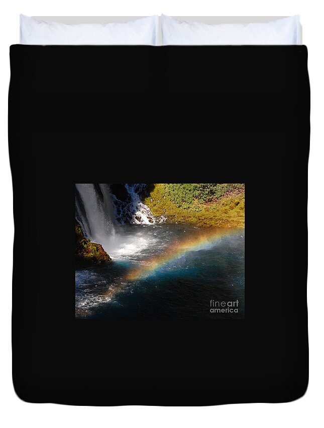 Mcarthur-burney Falls Memorial State Park Duvet Cover featuring the photograph Water And Rainbow by Debra Thompson
