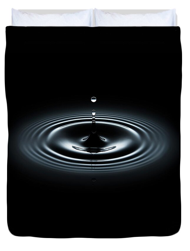 Black Background Duvet Cover featuring the photograph Water Drop Making Ripple On Black by Biwa Studio