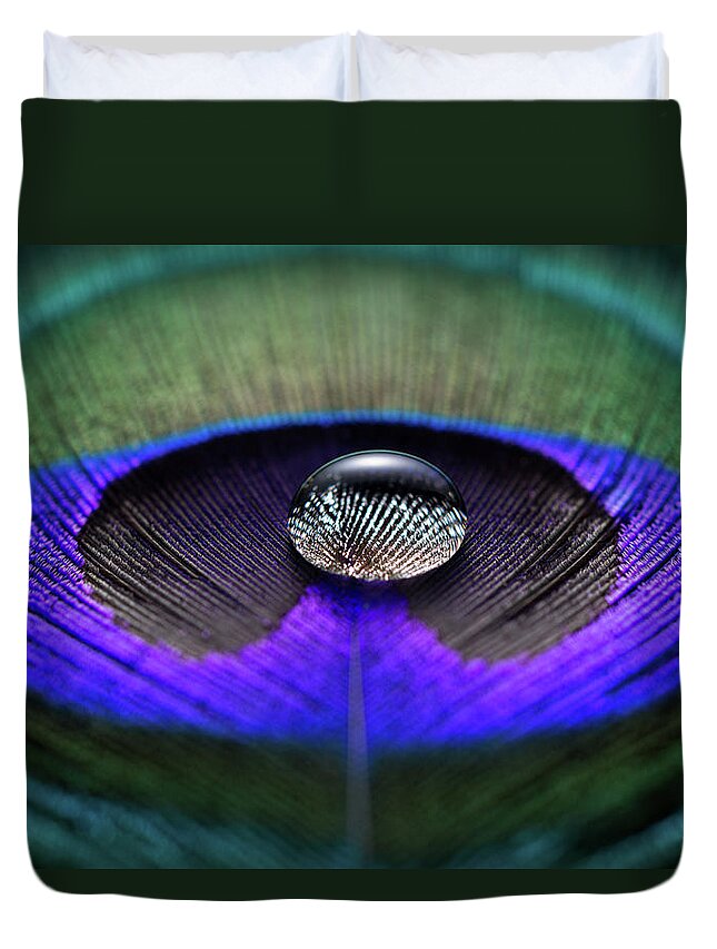 Tranquility Duvet Cover featuring the photograph Water Drop On Peacock Feather by Miragec