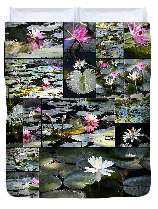 Water Lilies Duvet Cover featuring the photograph Water Lily Pond Collage 2 by Carol Groenen