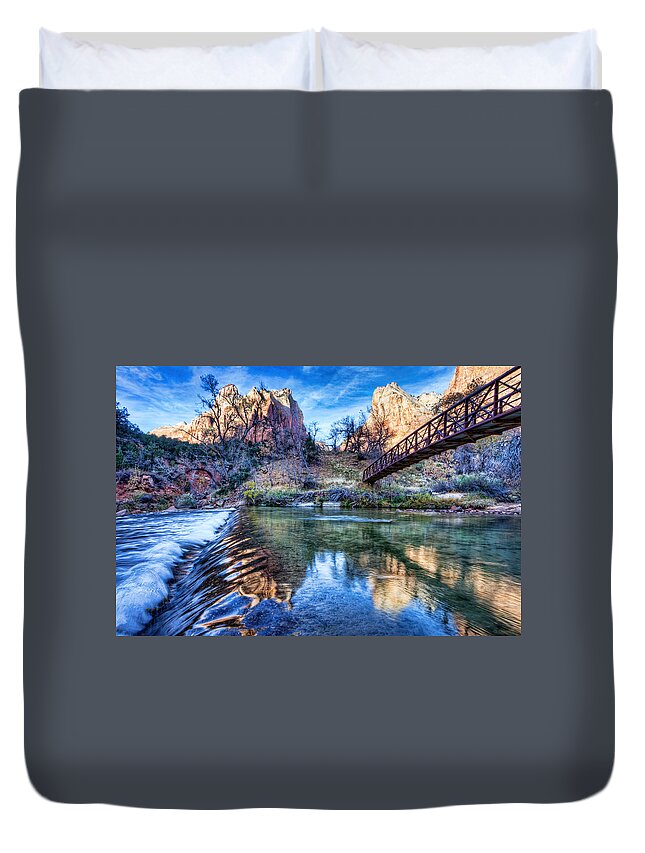 Zion Natioanl Park Duvet Cover featuring the photograph Water Under The Bridge by Beth Sargent