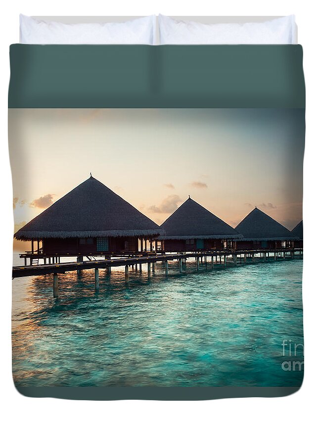 Amazing Duvet Cover featuring the photograph Waterbungalows At Sunset by Hannes Cmarits