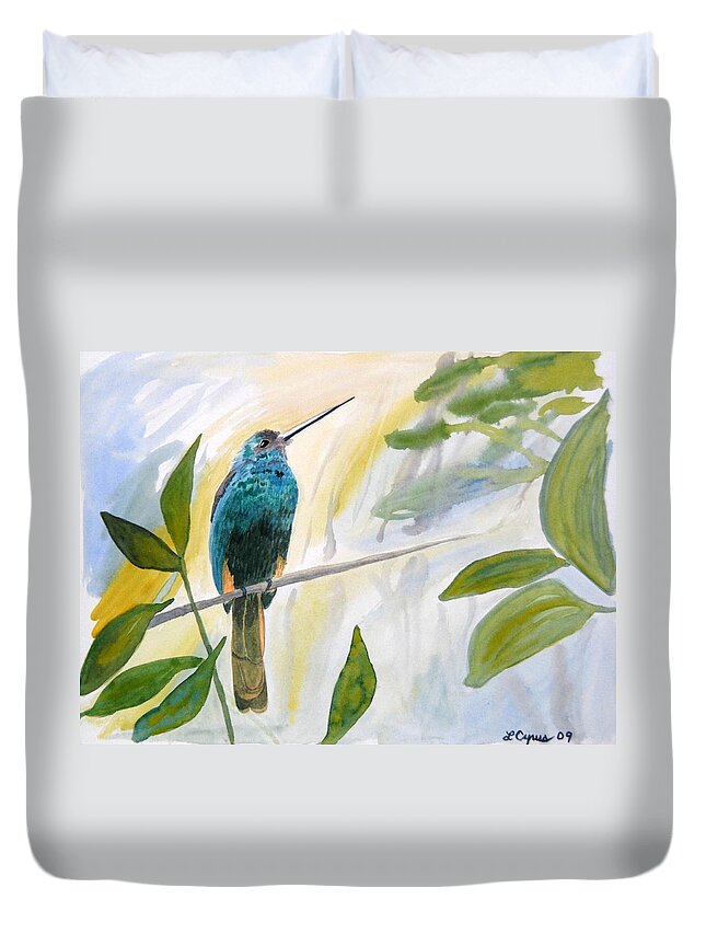 Watercolor Duvet Cover featuring the painting Watercolor - Jacamar in the Rainforest by Cascade Colors