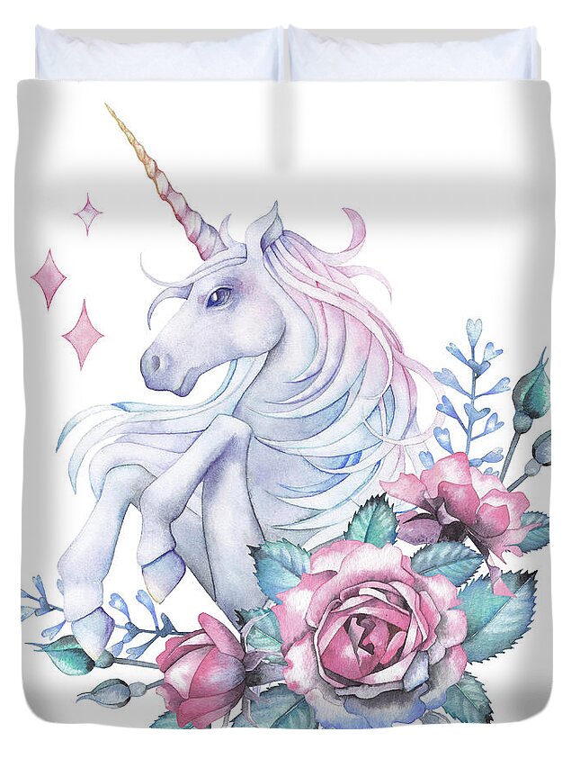 Horse Duvet Cover featuring the digital art Watercolor Design With Unicorn And Rose by Homunkulus28