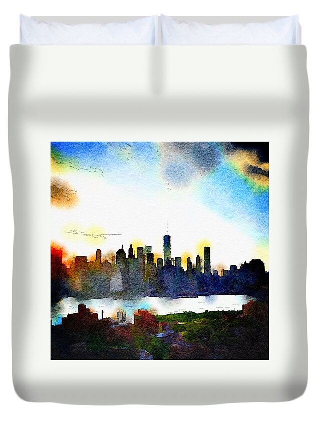 Skyline Duvet Cover featuring the painting Watercolor Manhattan by Natasha Marco