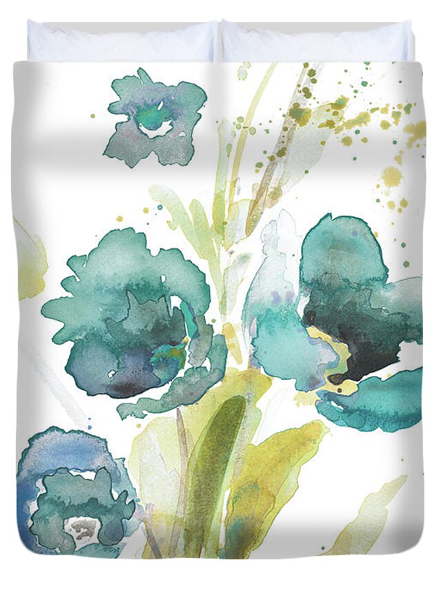 Watercolor Duvet Cover featuring the painting Watercolor Modern Blue Poppies by Lanie Loreth
