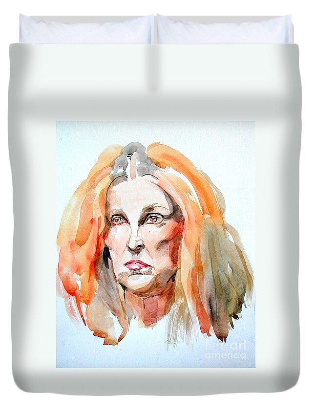 Watercolor Portrait Of A Woman Duvet Cover featuring the painting Watercolor Portrait of a mad redhead by Greta Corens