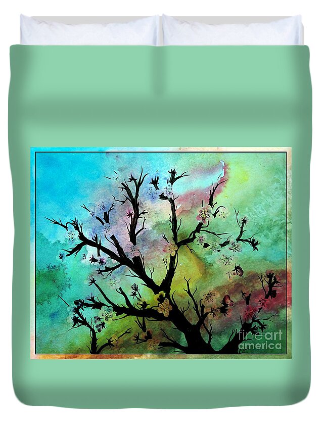 Watercolor Sky And Cherry Blossoms Duvet Cover featuring the painting Watercolor Sky and Cherry Blossoms by Barbara A Griffin