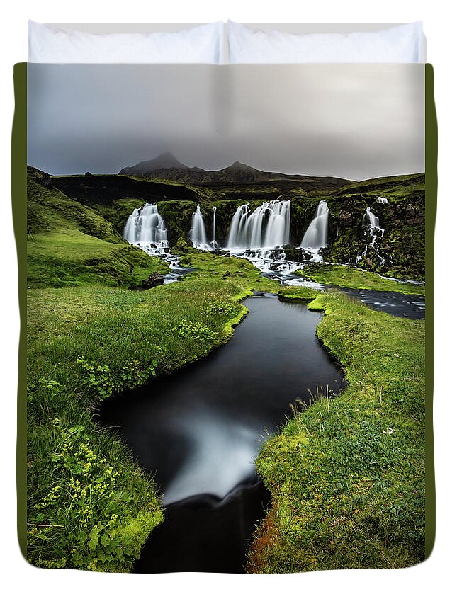 Tranquility Duvet Cover featuring the photograph Waterfall, River And Rock Formations In by Pixelchrome Inc