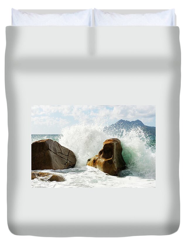 Water's Edge Duvet Cover featuring the photograph Wave Splash by Akrp