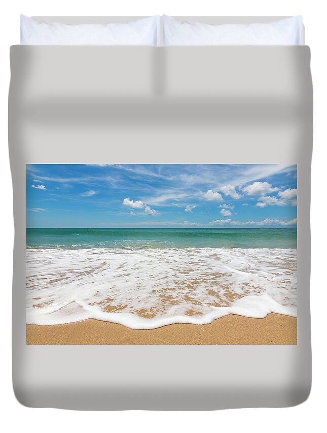 Water's Edge Duvet Cover featuring the photograph Waves At A Beach With Blue Sky by Macbrian Mun