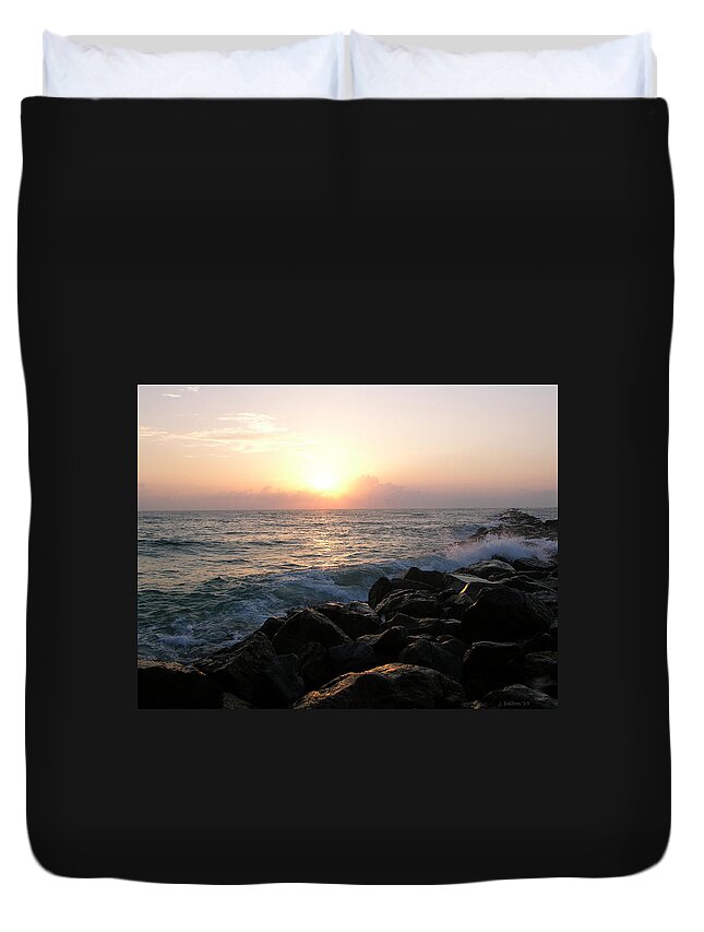 Rocks Duvet Cover featuring the photograph Waves on the jetty at sunrise by Julianne Felton