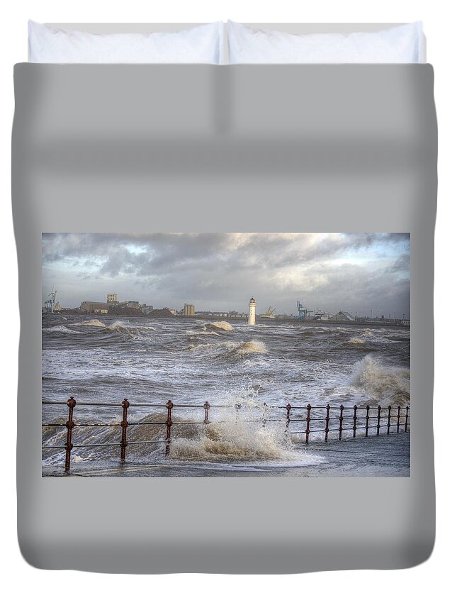 Lighthouse Duvet Cover featuring the photograph Waves On The Slipway by Spikey Mouse Photography