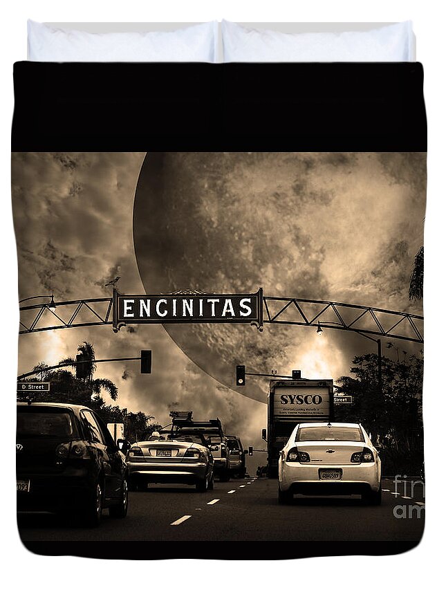 Encinitas Duvet Cover featuring the photograph Welcome To Encinitas California 5D24221 sepia by Wingsdomain Art and Photography