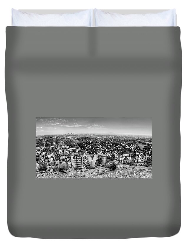Black Duvet Cover featuring the photograph Welcome to Hollywood - BW by Natasha Bishop