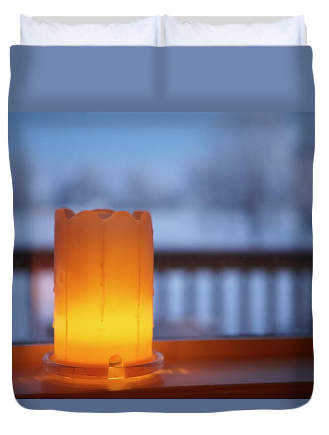 Orange Color Duvet Cover featuring the photograph Welcoming Candle In The Window by Joe Fox