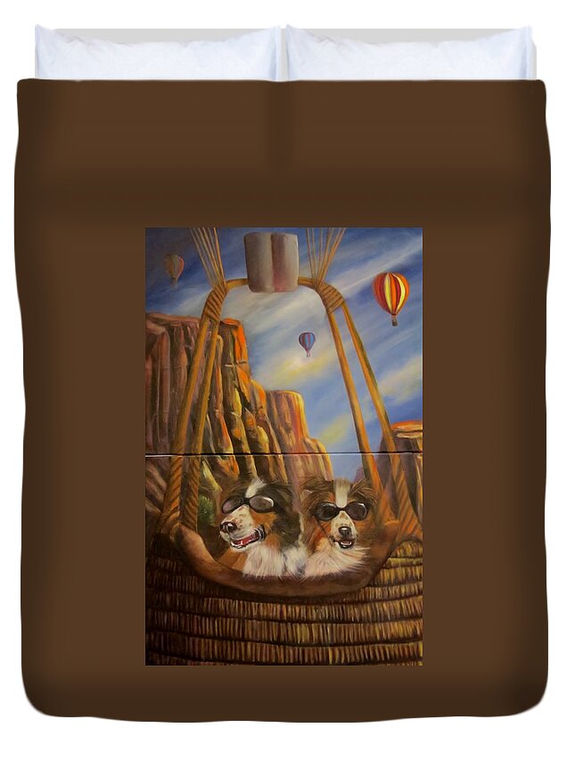 dogs Duvet Cover featuring the painting We're Arf to See the World by Sherry Strong