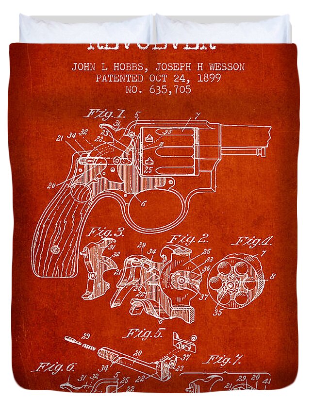 Revolver Duvet Cover featuring the digital art Wesson Hobbs Revolver Patent Drawing from 1899 - Red by Aged Pixel