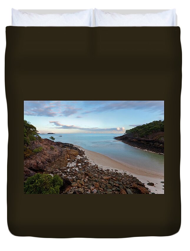 Water's Edge Duvet Cover featuring the photograph West Bay With Boat At Anchor by Andrew Peacock