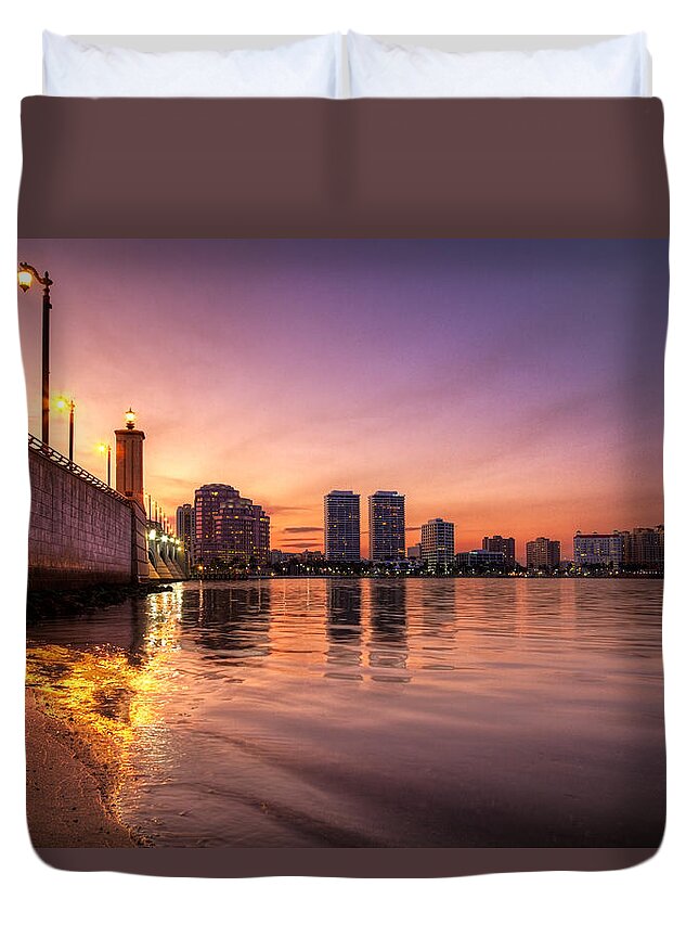 Clouds Duvet Cover featuring the photograph West Palm Beach Skyline at Dusk by Debra and Dave Vanderlaan