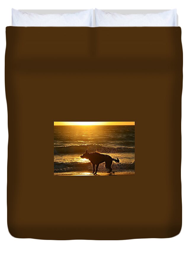 Pets Duvet Cover featuring the photograph Wet Shaking Dog At Beach by Autumnn