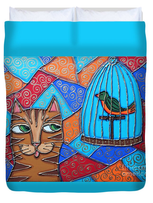 Cat Duvet Cover featuring the painting Whats for Lunch? by Cynthia Snyder