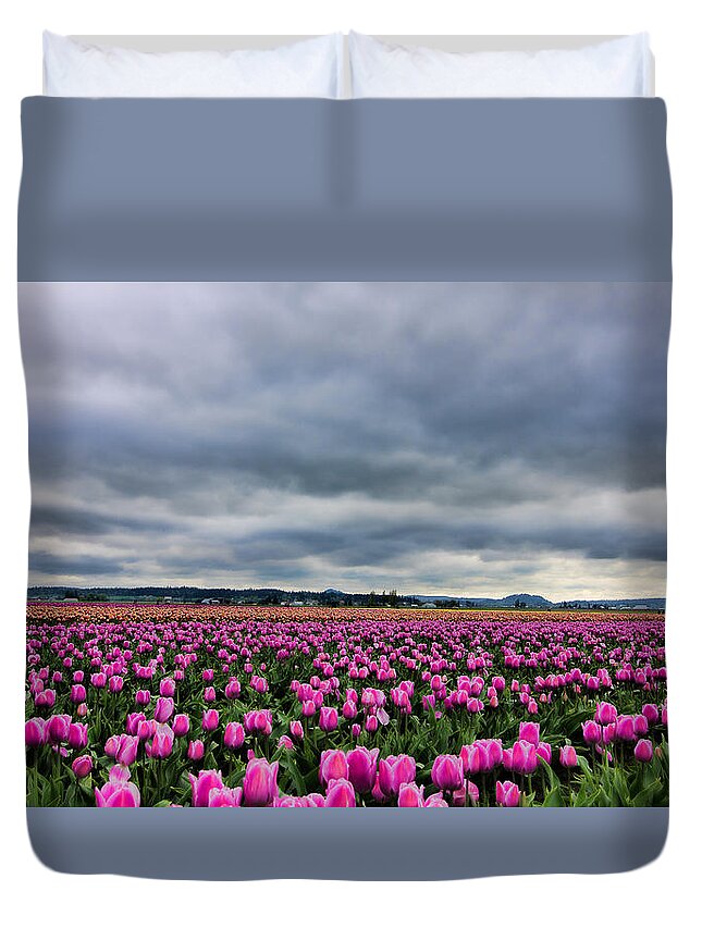 Beautiful Tulips Duvet Cover featuring the photograph Where the Tulips Meet the Sky by Don Schwartz