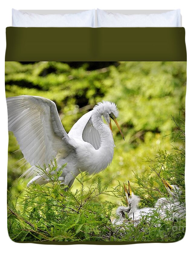 Egret Duvet Cover featuring the photograph Where's Our Lunch Ma by Kathy Baccari