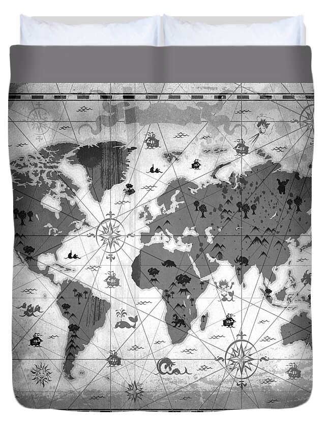 Texture Duvet Cover featuring the mixed media Whimsical World Map BW by Angelina Tamez